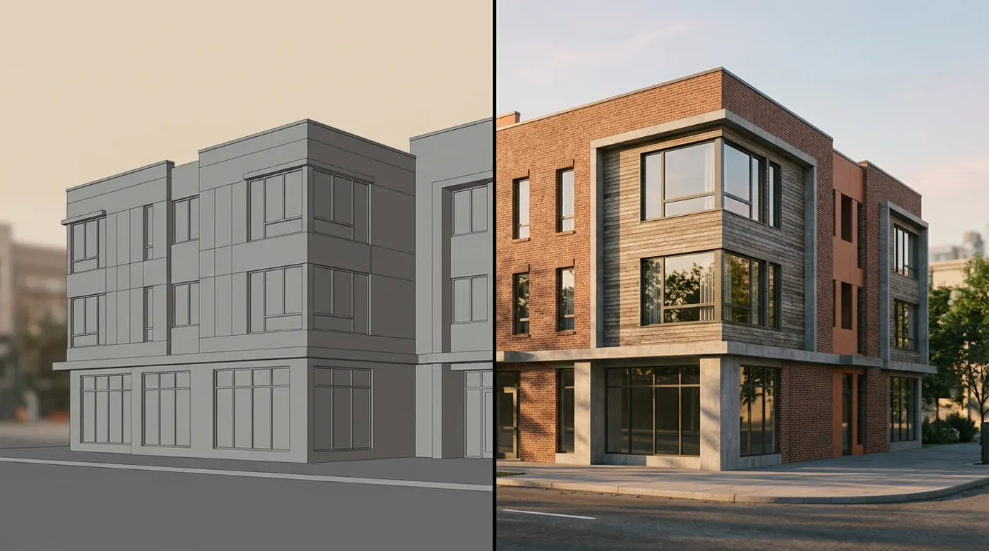 Two architectural renderings of the same building side by side, one flat and underlit, one photorealistic with accurate materials and natural light, showing the quality gap that affects buyer decisions.
